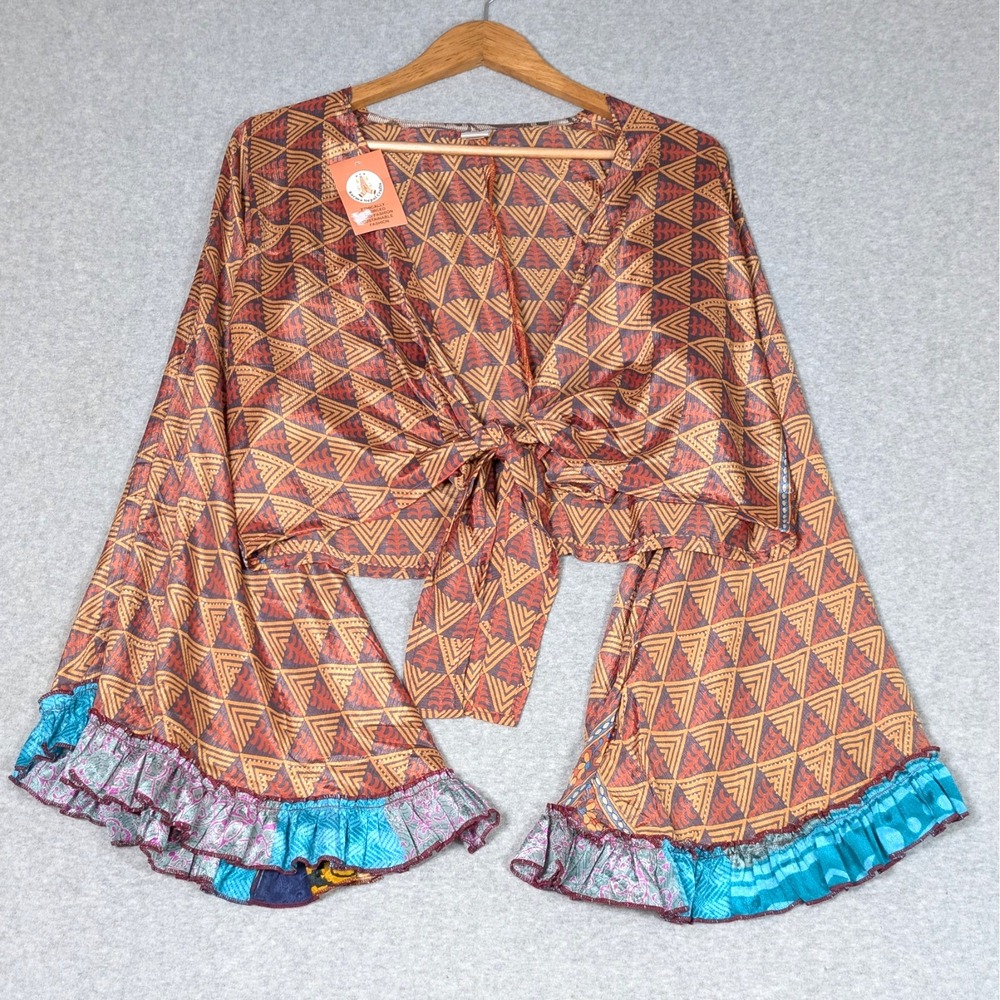 Karma Nepal Crafts Saree Tie Front Top Fringle Bell Sleeve One Size Boho New
